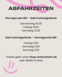 Rocken am Brocken Shuttle-Service 02.08.2025, 02:00 - Abfahrt: RaB Festivalgelände → Wernigerode HBF (Nacht von Freitag auf Samstag)